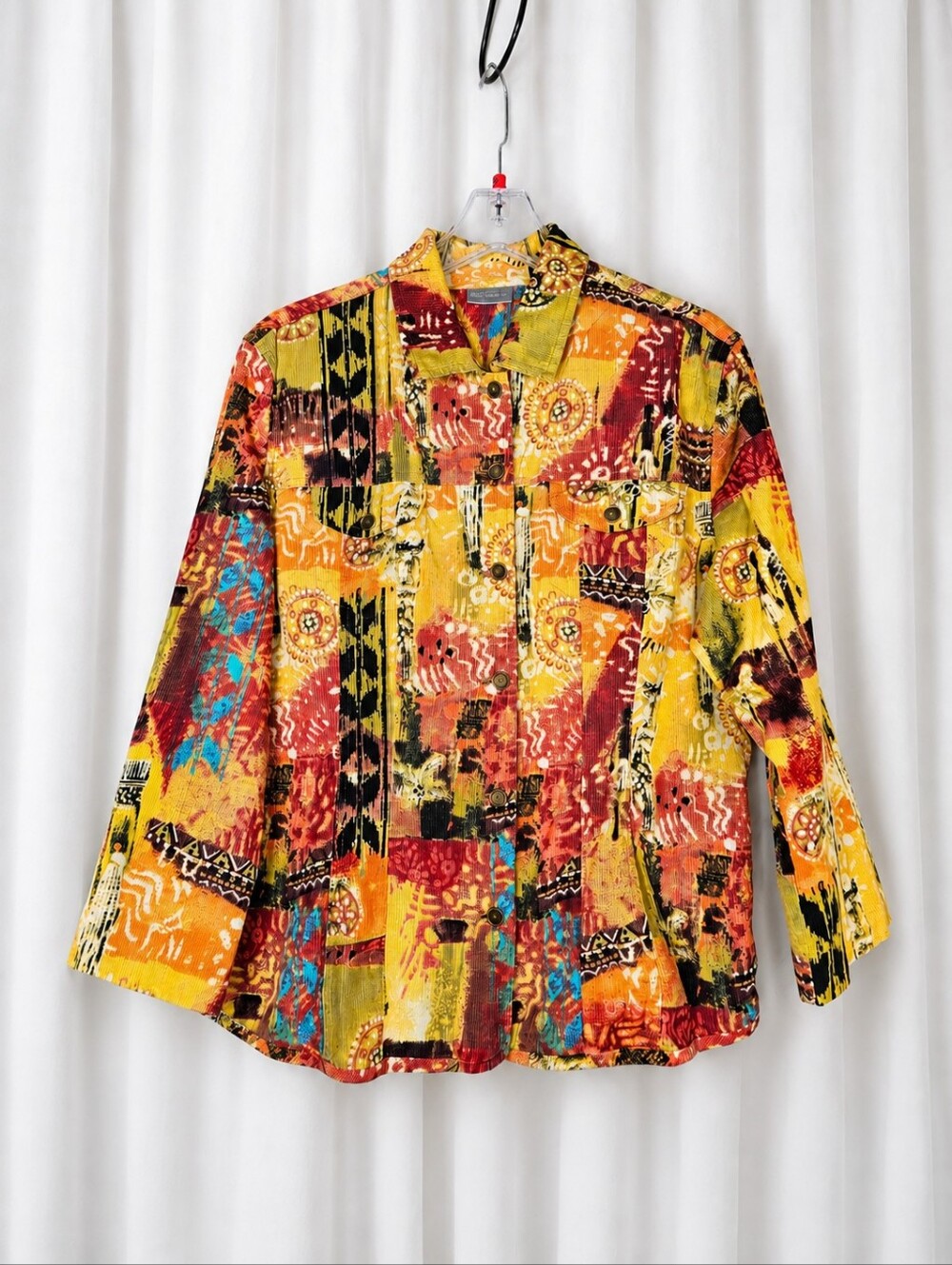 Chico's 90s Bold Multicolored Corduroy Folk Art Abstract Button Up Shirt Jacket